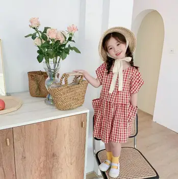 

2020 new girls 2 pcs plaid set blouse+skirt fashion summer cotton girls suit 2-7 years HV465