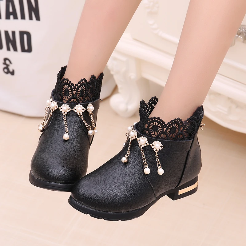 Fashion Lace Lace Beads Tassel Princess Leather Boots For Girls Size Kids Warm Shoes Children Waterproof Boots 4- 12 Year Old