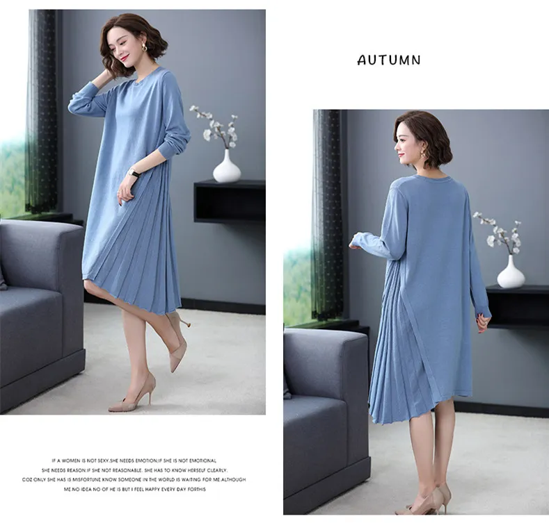 XJXKS длинный свитер для женщин Новая мода плюс размер длинный рукав женский свитер вязаный однотонный круглый вырез длинный пуловер платье свитер
