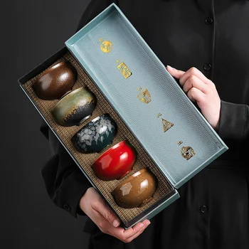 

5pcs Ceramic Cup Gift Box Japanese Retro Kiln Change Clay 60ML Water Ware Bar Decoration Household Kitchen Supplies Drinkware