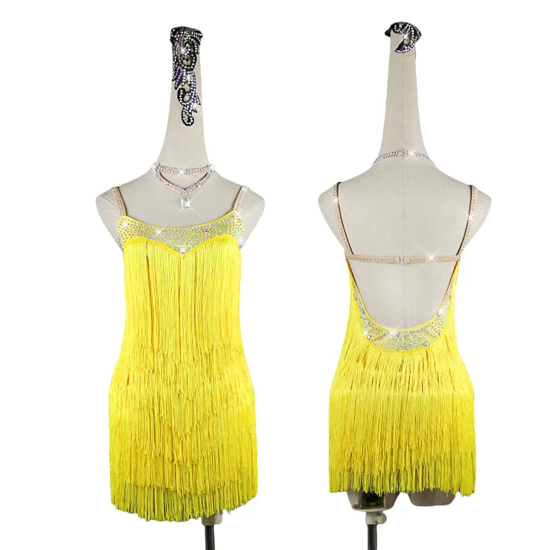 Женское платье для латиноамериканских танцев желтое с бахромой высококлассное