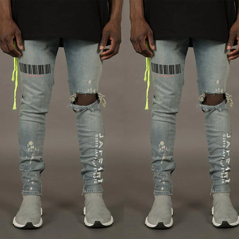 Bar Code Print Ripped Holes Jeans For Men Hip Hop Punk Slim Fit Denim Pants Fashion Streetwear Distressed Trousers Plus Size 3XL Bar Code Print Ripped Holes Jeans For Men Hip Hop Punk Slim Fit Denim Pants Fashion Streetwear Distressed Trousers Plus Size 3XL