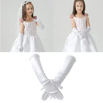 

Flower Girls Wedding Elbow Long Gloves Faux Pearl Beading Full Finger Mittens