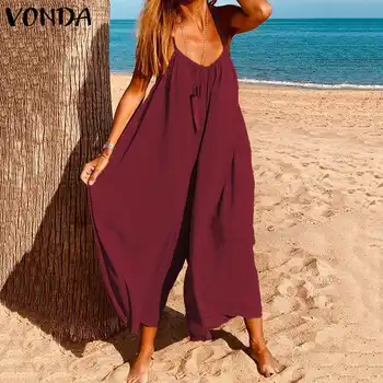 

VONDA Rompers Women Jumpsuits Casual Loose V Neck Sleeveless Playsuits Vintage Wide Leg Pants Plus Size Solid Overalls S-5XL