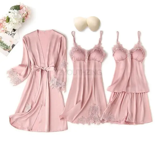Pajama Set Women Lace Trim Satin Sleepwear Pyjamas Pour Femme Summer Nightwear With Pants Casual Home Wear Kimono Robe Gown PJS Pink B