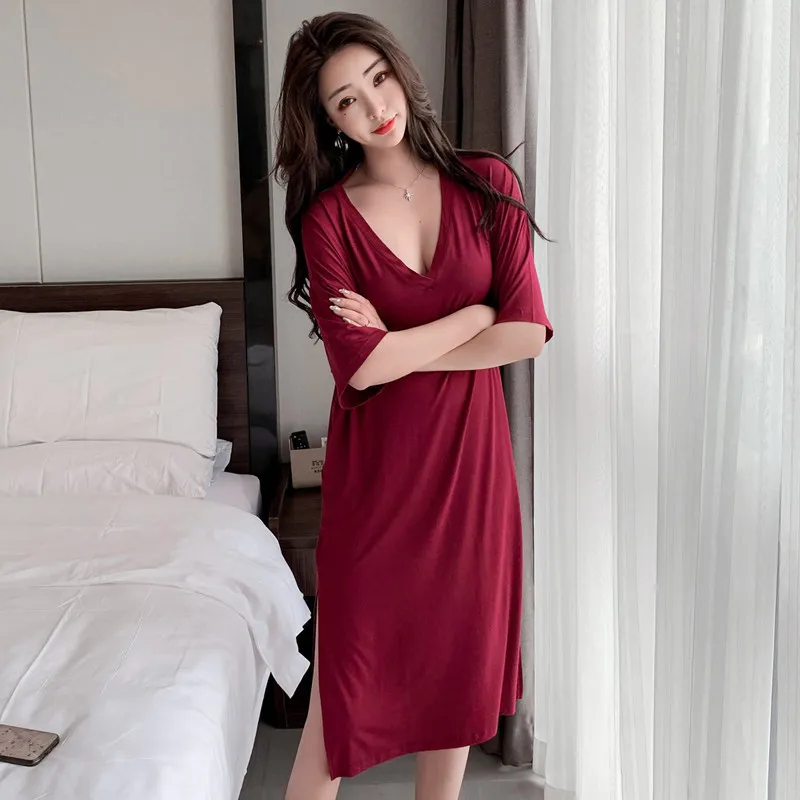 

Modal Pajamas WOMEN'S Short Sleeved Summer Sexy Loose And Plus-sized Fat Mm Nightgown Summer Thin Section V-neck Home Wear