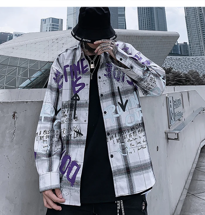 AELFRIC Модные клетчатые граффити мужские рубашки 2019 модные Harajuku хип хоп топы Уличная Повседневная Хлопковая мужская негабаритная с длинным