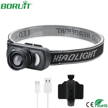 

BORUiT Zoomable LED Headlamp Flashlight USB Rechargeable Headlight 18650 Waterproof Camping Hunting Fishing Lantern Bike Light