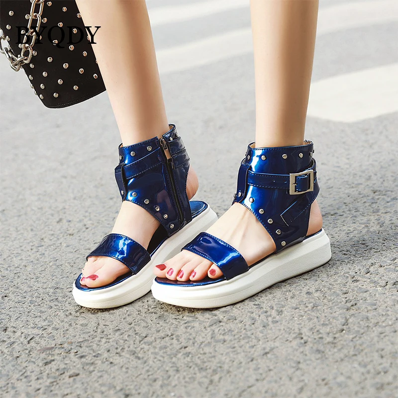 

BYQDY Summer Shoes Sequined Glitter Rivets Sandals Height Increasing Solid Color Peep Toe Ankle Strap Platform Sandals Lady Shoe
