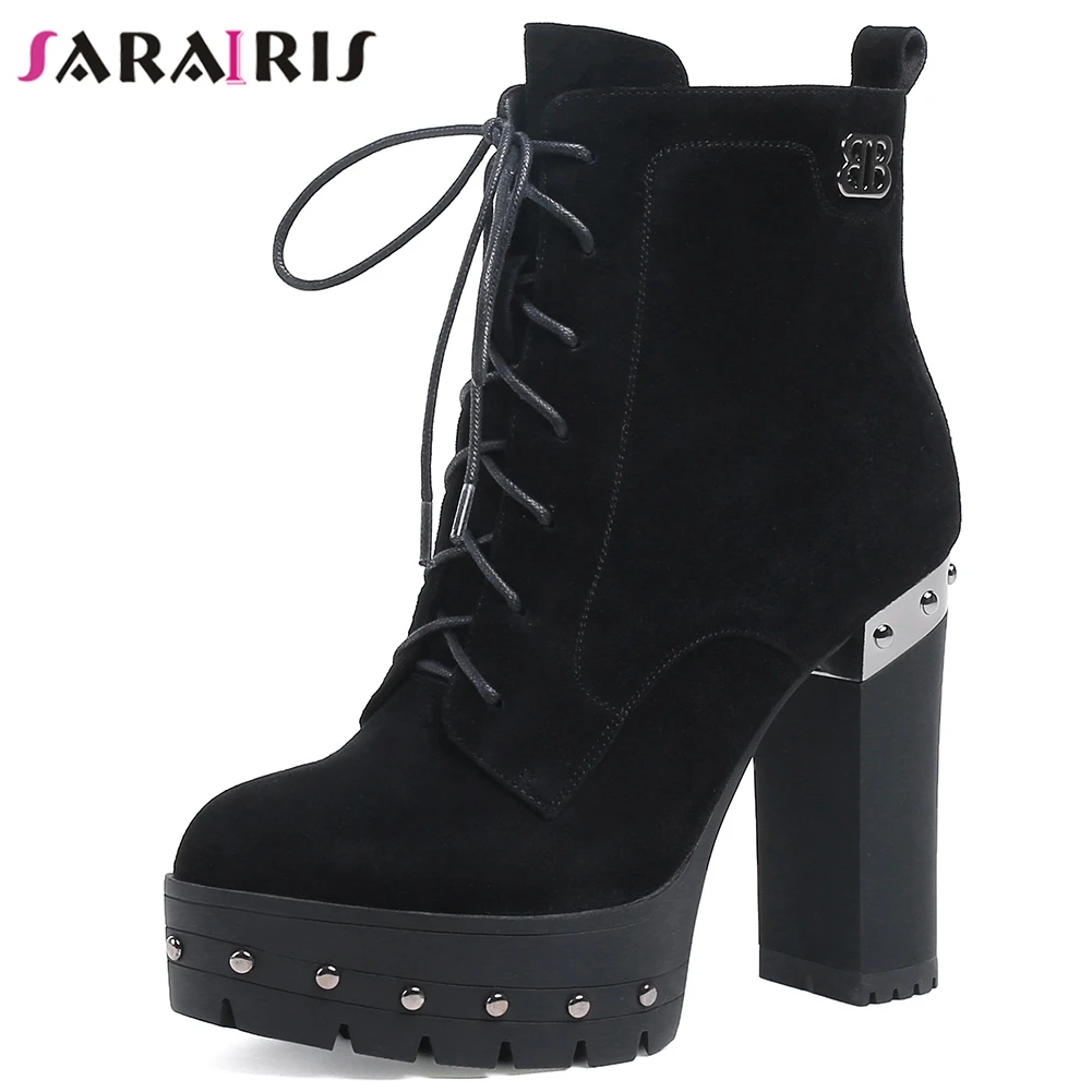 

SARAIRIS Nappa Leather High Top Ankle Boots For Women Square High Heels Rivet Platform Shoes Woman Cowgirl Chelsea Marten Boots