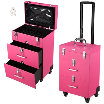 

TTLIFE Fashionable Storage Makeup Case Pvc Pink Large Capacity 4 Locks Storage Box with Wheels Portable Travel Case US Warehouse