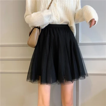 

Mesh Ball Gown Skirt Women Casual Pleated Mini Skirts Loose A-Line Korean High Elastic Waist Party Mesh Skirts Clubwear W412