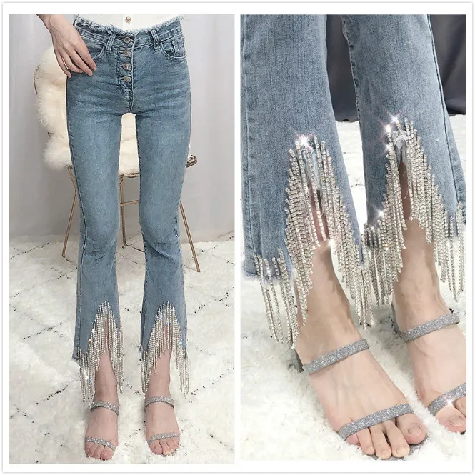 

2019 Women's Fringed Beaded Jeans Spring European Style New Trousers Heavy Worker Fringed Beaded High Waist Slim Micro-bra Jean