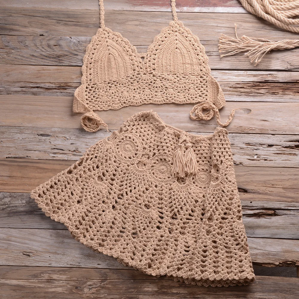 2021 New Crochet 2Pcs/set Beach Cover Up Sexy Women Bra Top+Mini a Line Skirts Bikini Swimsuit Bathing Suit Cover Ups Dress mesh bikini cover up