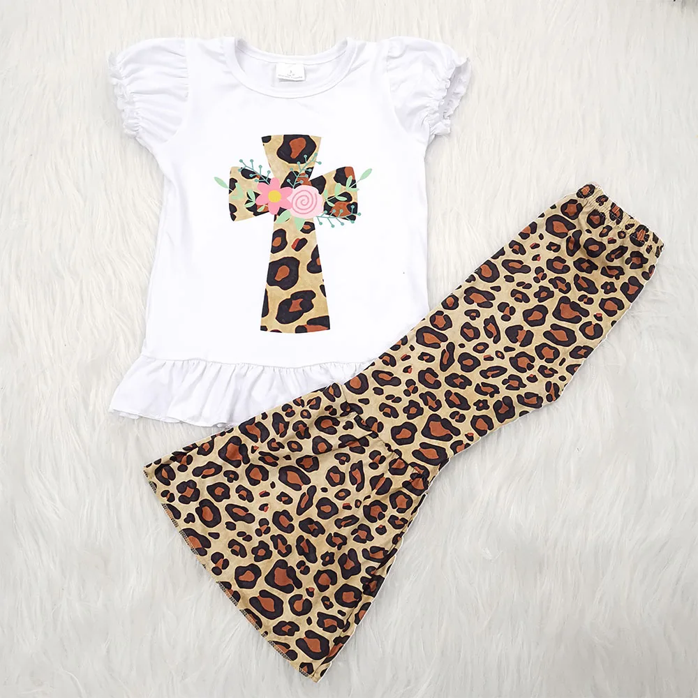 

Easter Day white top leopard bell pants girl boutique clothing set summer blessing pattern outfit