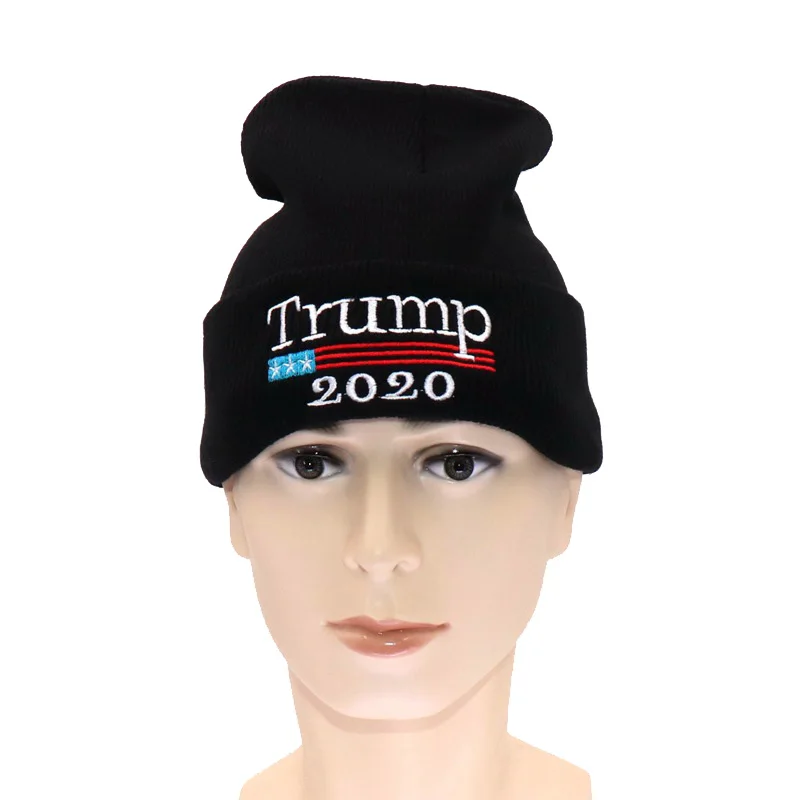 Вышивка Trump, шапка бини для женщин и мужчин, вязаные теплые зимние шапки, уличная Лыжная шапка, одноцветная хип-хоп Повседневная шапка с манжетами