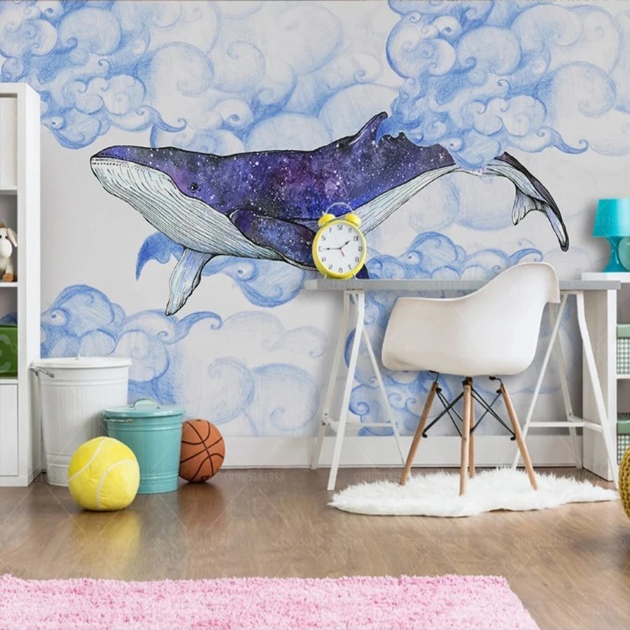 青空雲クジラ壁紙カスタム3d壁紙漫画の壁壁画子供女の子テレビの背景の壁アートスタジオルーム装飾 Wallpapers Aliexpress