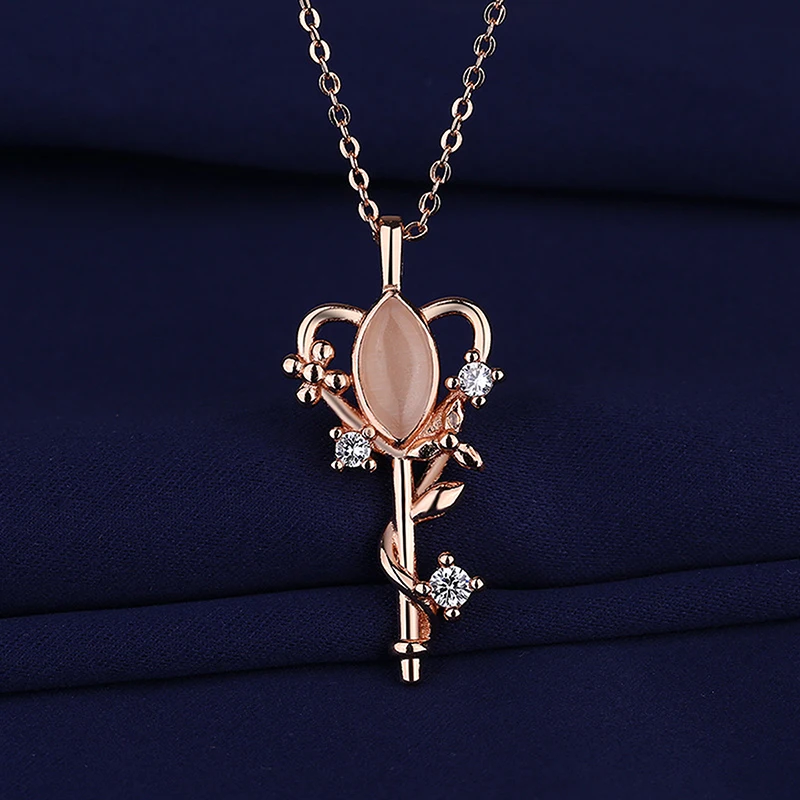 

Женская цепочка с подвеской в виде ключа, романтическое ожерелье с цветком, опал, искусственное растение, аксессуар под розовое золото