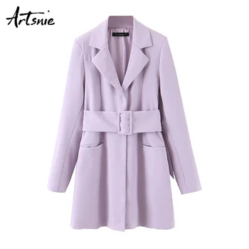 

Artsnie winter casual purple women blazer notched hidden breasted long sleeve coats belt double pockets streetwear office blazer