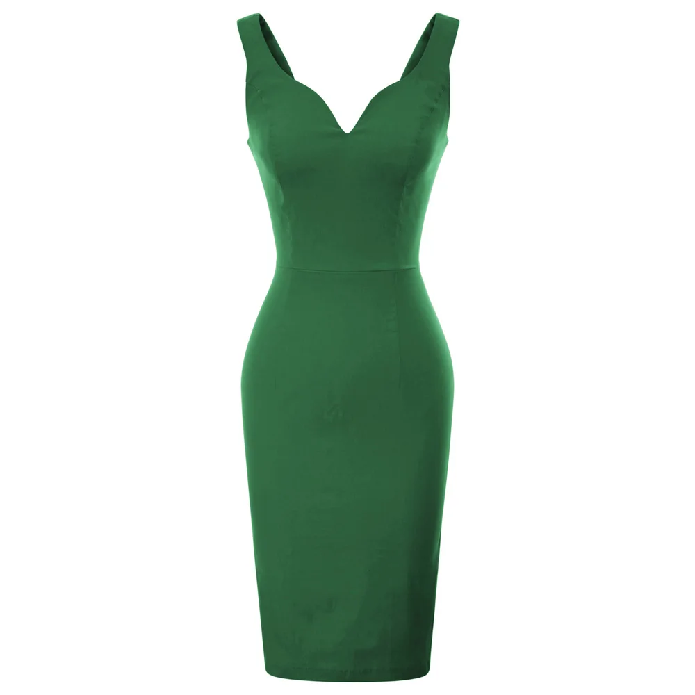 Женское платье без рукавов однотонное облегающее с v образным вырезом и бедрами