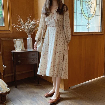 

YAMDI spring summer long sleeve dress women vintage print floral puff long sleeve v neck lace up waist chiffon dress midi a-lin