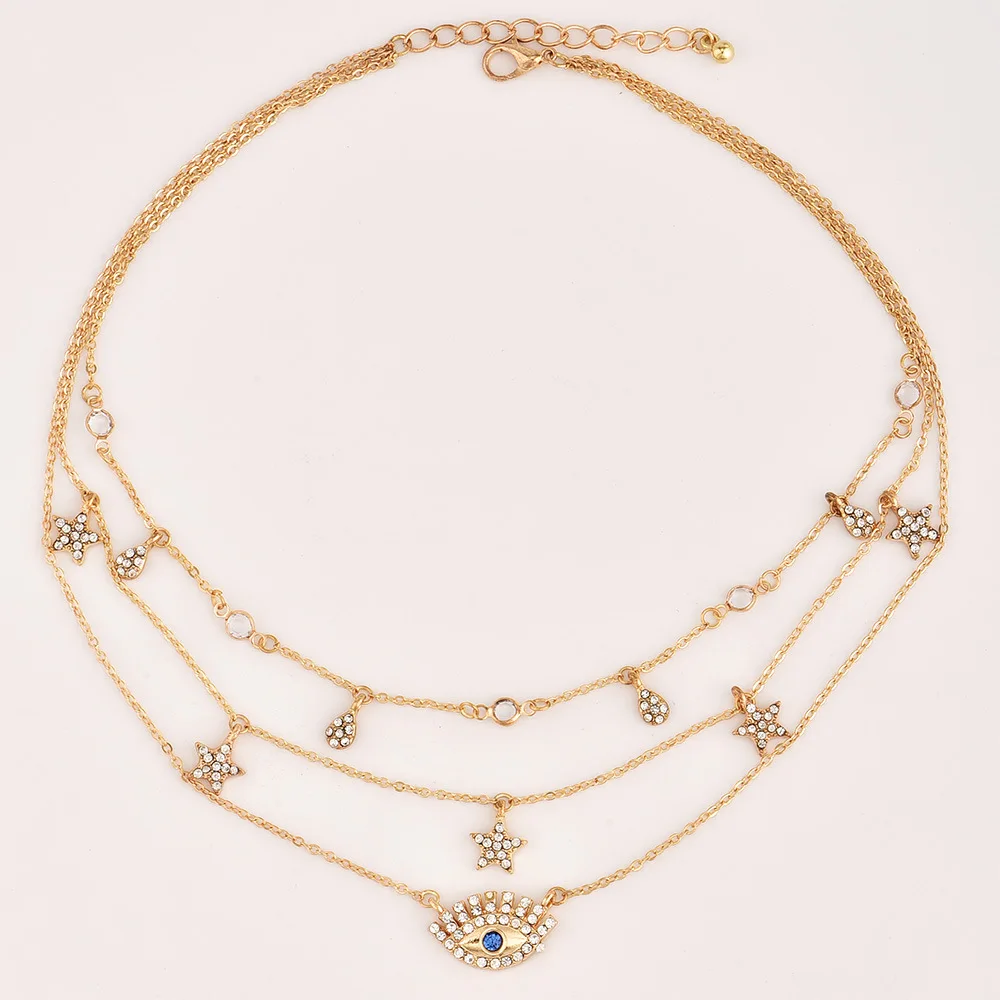 

Fashion And Personality Women's Full of Crystals Five-pointed Star Eyes Pendant Multilayer Necklace Set Accessories A0098