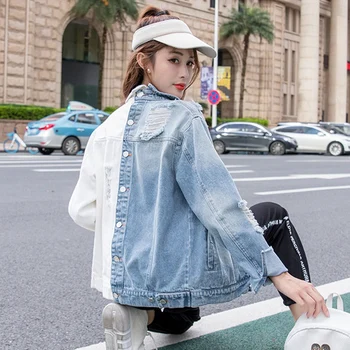 

SexeMara fashion The New Loose Hit color splice Hole cowboy jacket free shipping