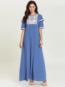 

Moroccan Arabic Muslim Dress Women Short Sleeve Big Swing Floral Embroidery Abaya Dresses Lace-up Kaftan Turkey Hijab Clothing