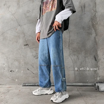 

2019 Men's Baggy Homme Letter Printing Cargo Pocket Jeans Blue Color Casual Pants Biker Denim Loose Trousers Plus Size S-XL