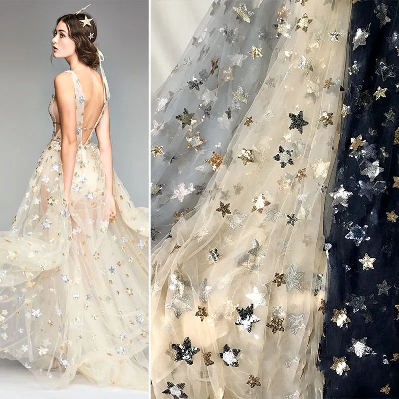 91 см* 130 см красивая блестящая Звезда вышивка сетка кружево Тюль Ткань для невесты платье вечернее платье костюм ткань
