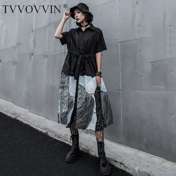 

loose Women 2020 Summer Korea Fashion Turn-down Collar Short Sleeve Loose Dress Female Patchwork Print Mid-calf Dress XJ1265