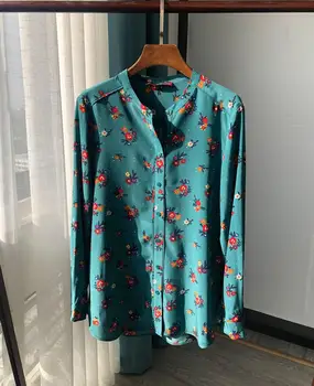 

2020 Early Spring New Retro Green Print Women Blouse Beautiful Soft Silk Long-sleeved Ladies Shirt Tops