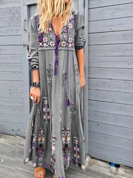 Stylish Drawstring Lace Long Sleeve Dress Bohemian Flower Printed Fashion Long Dresses Big Size 5XL 2020 New