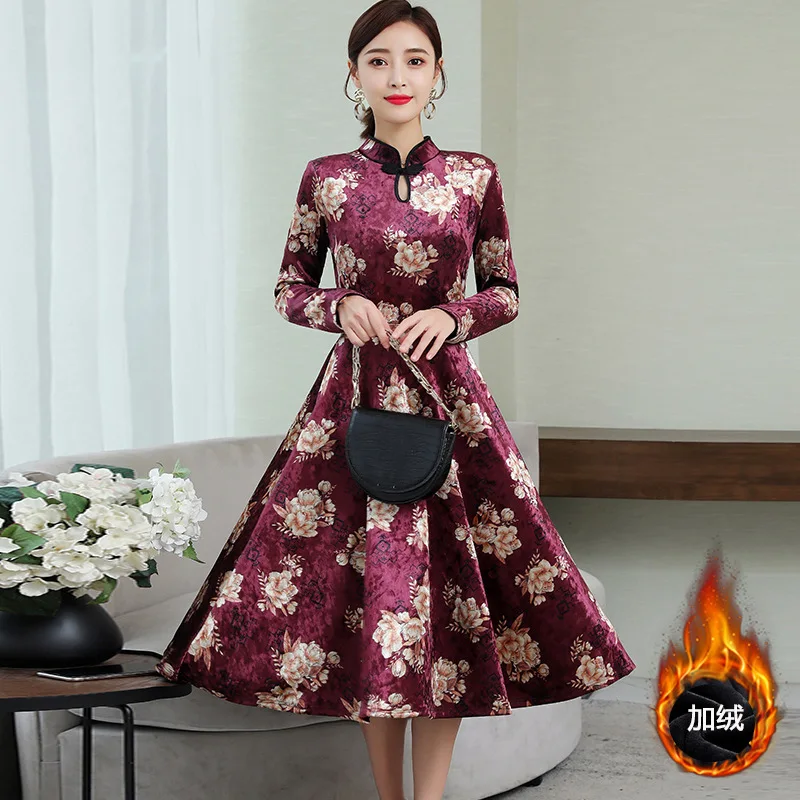 

2019 Autumn And Winter New Style Brushed And Thick Large Size Dress Improved Cheongsam Slim Fit Slimming Printed Gold Velvet Dre