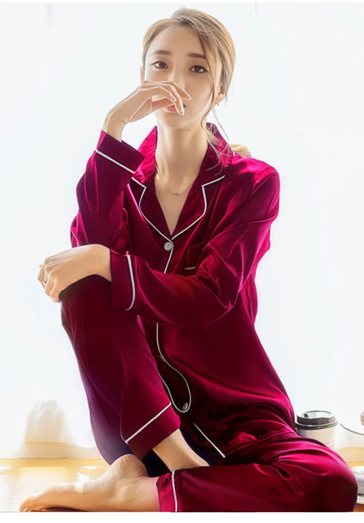 

Spring Long Sleeve Imitated Silk Pajamas Women's Solid Color Viscose Homewear Set Five-Color M-XXL