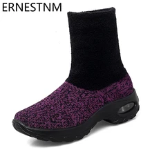 ERNESTNM/вязаные носки; женские зимние кроссовки; повседневная обувь черного цвета; ботильоны; женские плюшевые ботинки на резиновой платформе