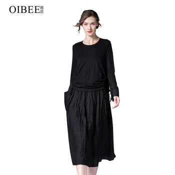 

OIBEE long-sleeved big swing dress women 2020 autumn new fashion fake two-piece drawstring pullover mid-length skirt