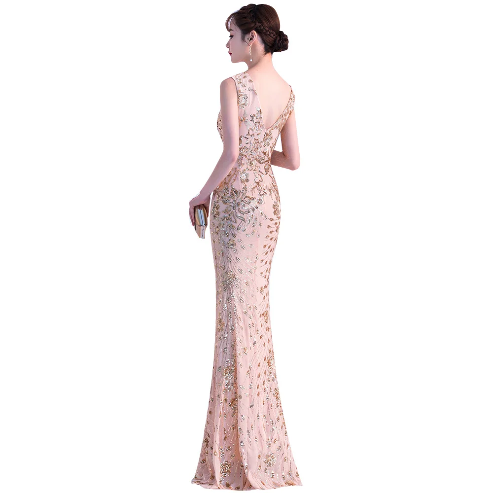 Блестящее расшитое блестками сексуальное длинное вечернее платье с v-образным вырезом эластичное элегантное блестящее платье-Русалка длиной до пола цвета шампанского - Цвет: Шампанское