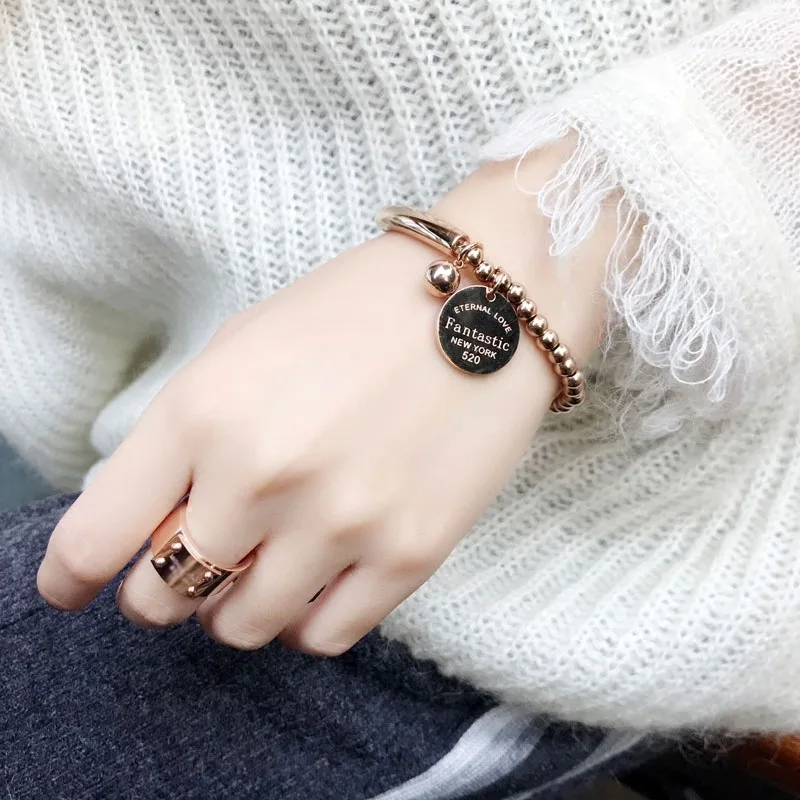 Titanium Steel High Quality Double Elastic Rope Beads Round Charm Bracelet For Women Gold Color Bracelet Jewelry Lover Gift