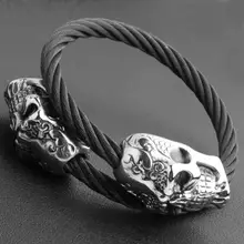 Хип-хоп Черный Мульти витой кабель провод браслет Винтаж Браслеты Серебряный двойной скелет череп голова Рождество манжеты браслеты для мужчин