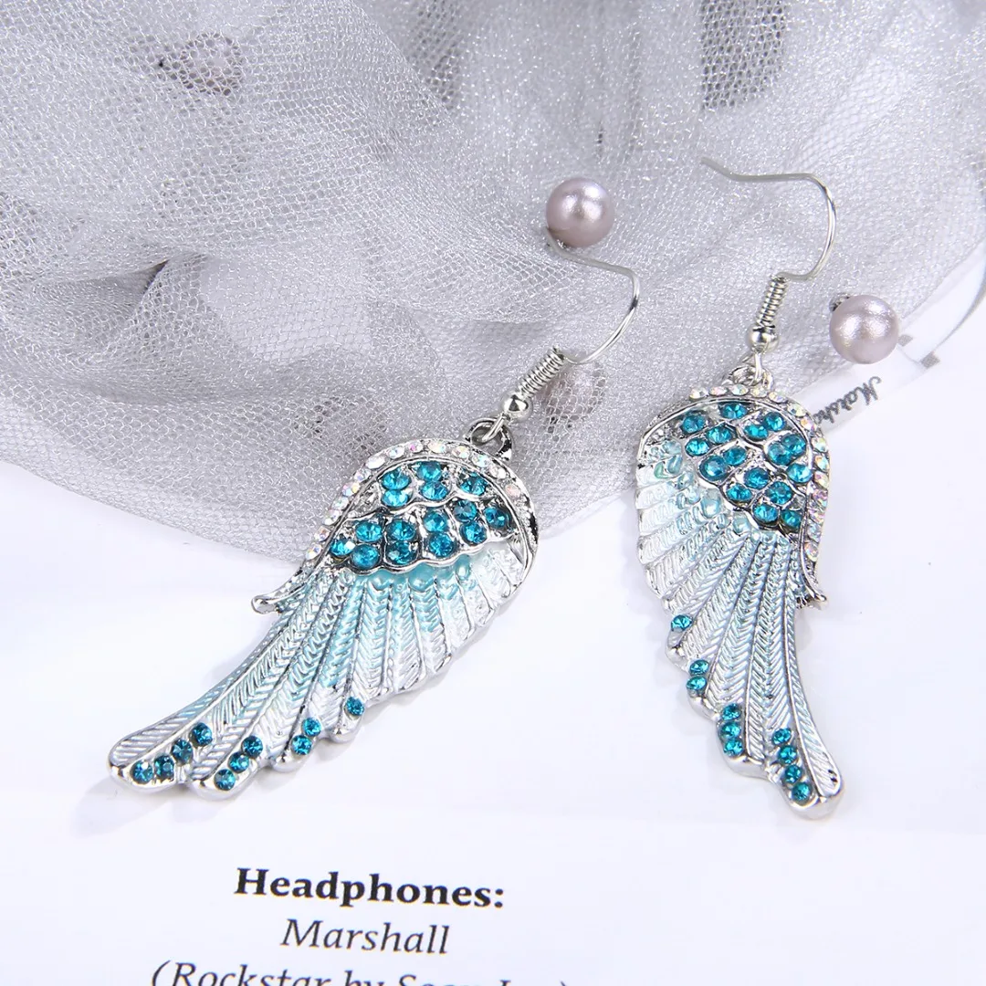 Fashion Romantic Blue White Pink Colors Angel Wings Earrings Crystal Rhinestone Long Dangle Earrings For Women Exquisite Jewelry