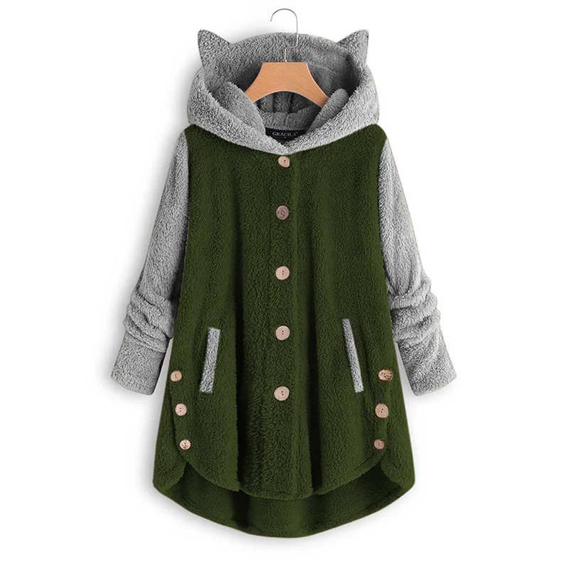 Женское плюшевое пальто из искусственного меха, теплые меховые куртки с капюшоном на пуговицах, Женская Осенняя зимняя повседневная верхняя одежда, приталенное пальто трапециевидной формы