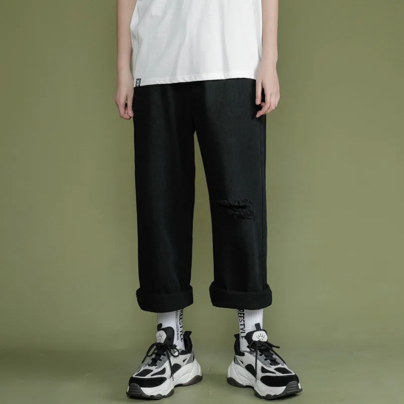 60% OFF Hole Jeans Men's Fashion Casual Stretch Waist Straight Jean Pants Men Streetwear Wild Loose Hip Hop Denim Trousers Mens S-2XL