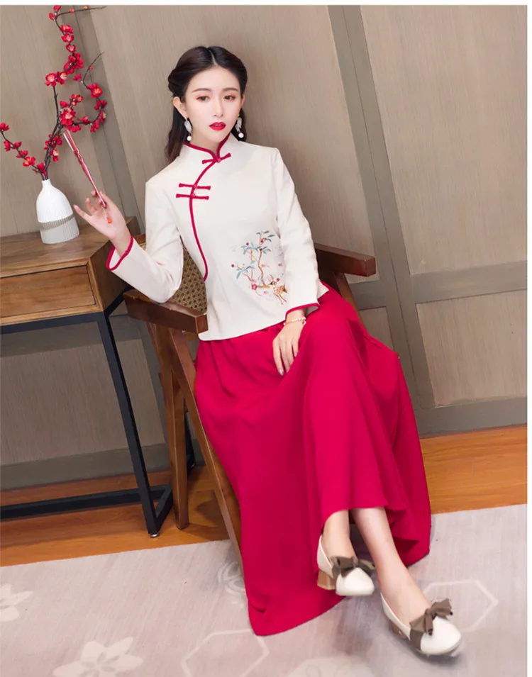 Sheng Coco абрикосовый белый топы Ципао рубашка Cheongsam топы Hanfu костюм китайский стиль жемчуг Pankou блузка красная юбка 3XL