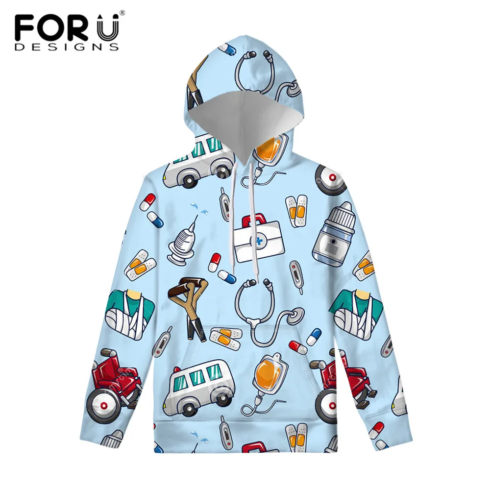 FORUDESIGNS/ женские толстовки в повседневном стиле мультяшный эскиз физио принт медсестры джемпер с капюшоном пуловер Топ Леди Топы Зимняя одежда