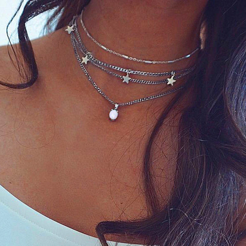 

4 Pcs/set Vintage Silver Multilayer Star Stone Necklaces Boho Drop Pendant Necklace for Women 2019 Choker Bohemian Jewelry