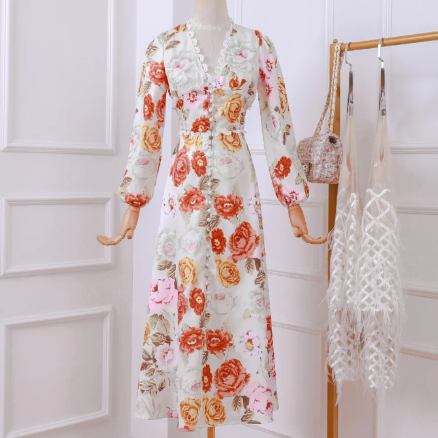 

Puff sleeve fashion retro printing dress women v-neck temperament ladies slim high waist long dress