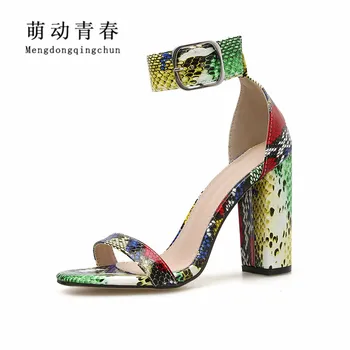 

Plus 35-42 Gladiator Women Pumps Buckle Ankle Strap Open Toe Square High Heeled Sandals Women Mujer Colorful Snake Print Pumps