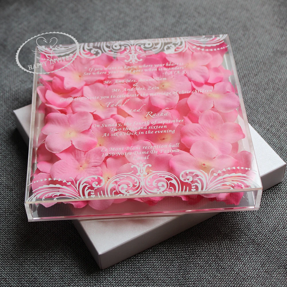 HI4081-01 Fantastic Clear Acrylic Box Invitation with Pink Flowers Decorations with White Writing Factory Price Made in China