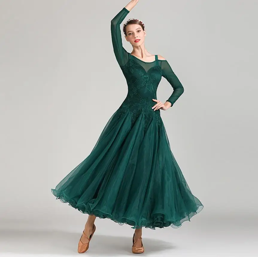 Женские платья для участия в конкурсах бального танца, Для женщин Стандартный бальное платье, для вальса платье темно-зеленый Танго кружевное платье 1875